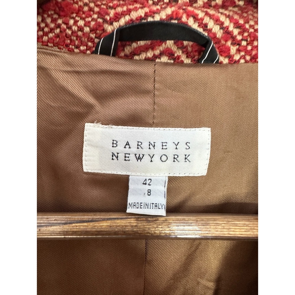 Barneys New York Herringbone Wool Tweed Overcoat Red Tan Italy Size 8 Long Coat - Picture 14 of 16